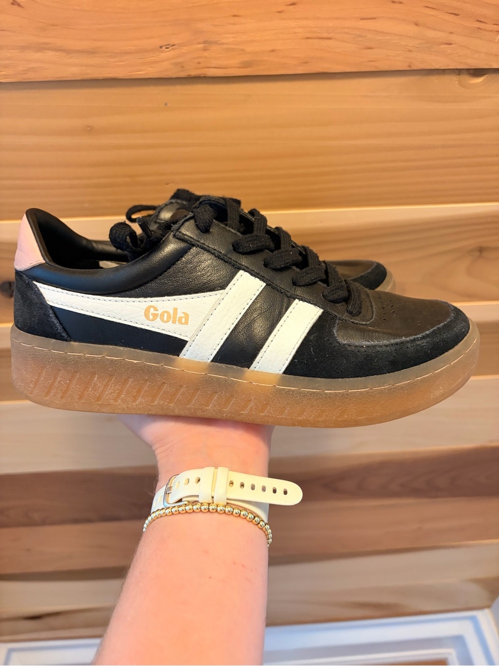 Gola Black & White Sneakers with Gum Sole and Pink Heel Tab